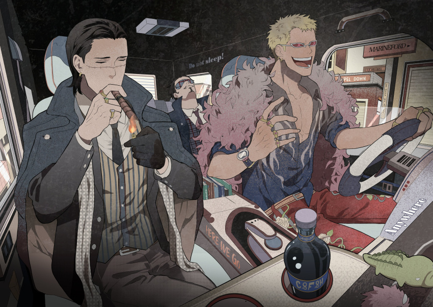 3boys, absurdres, animal_on_shoulder, black_gloves, black_hair, black_necktie, blonde_hair, book