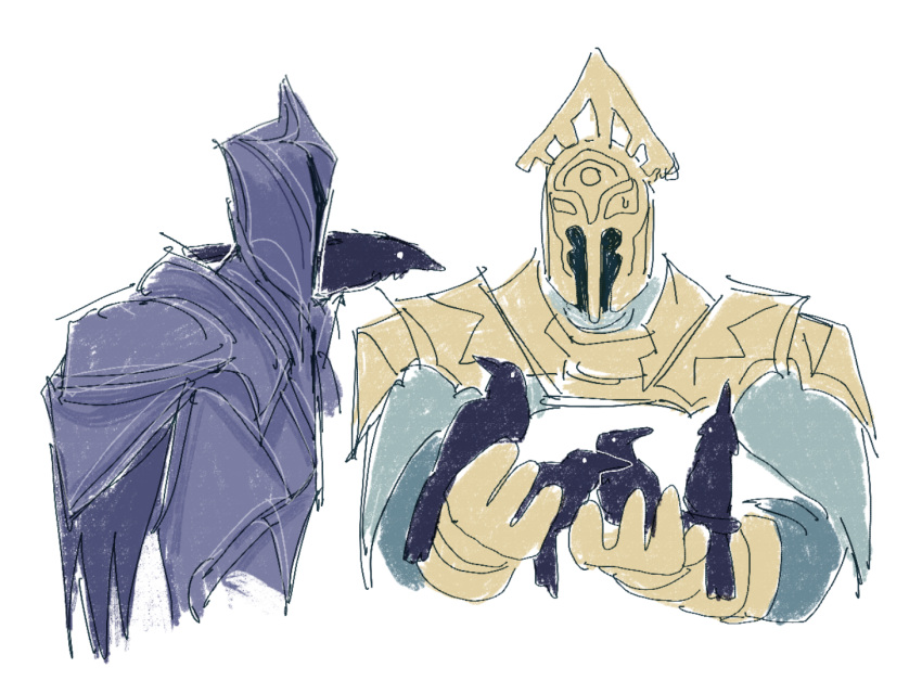 2boys, akalorterian, animal, animal_on_shoulder, armor, bird, bird_on_shoulder, black_armor, commentary, crow, dark_souls_(series), dark_souls_ii, english_commentary, full_armor, fume_knight, gold_armor, helm, helmet, holding, holding_animal, holding_bird, knight, multiple_boys, simple_background, upper_body, velstadt_the_royal_aegis, white_background