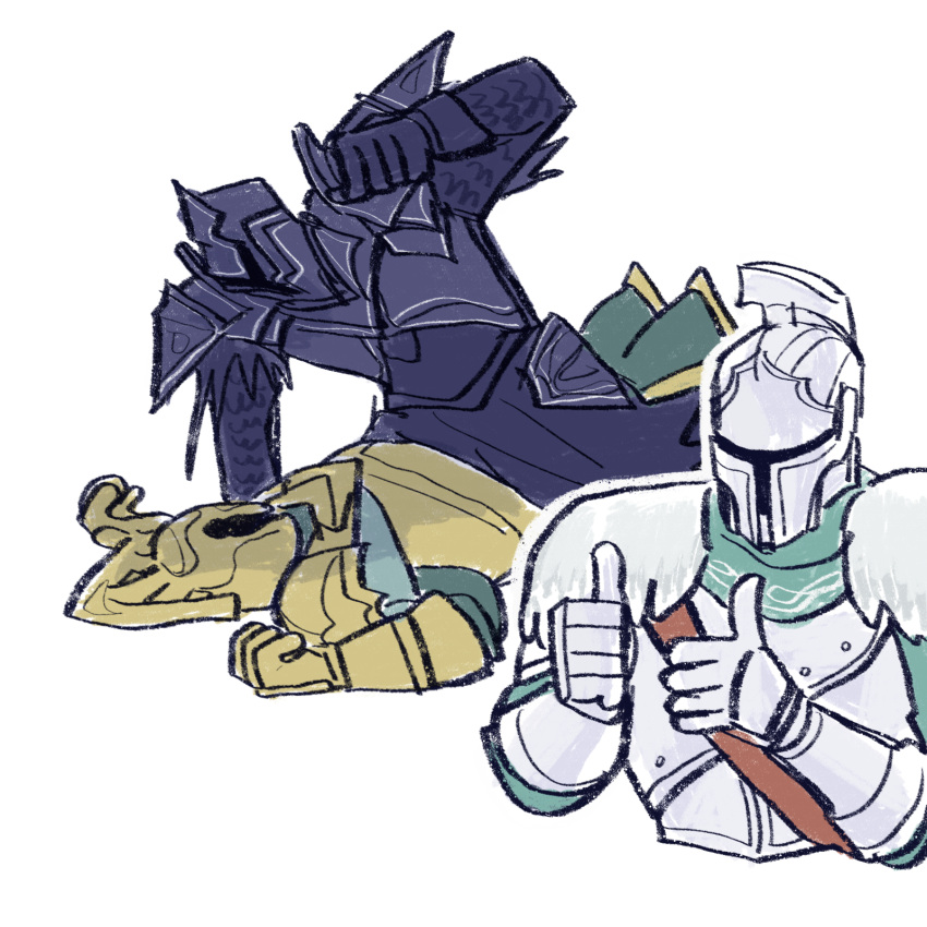 1other, 2boys, akalorterian, ambiguous_gender, armor, bearer_of_the_curse, black_armor, breastplate, commentary, dark_souls_(series), dark_souls_ii, english_commentary, fighting, fume_knight, gauntlets, gold_armor, green_shirt, helm, helmet, highres, knight, multiple_boys, punching, shirt, simple_background, thumbs_up, upper_body, velstadt_the_royal_aegis, white_background