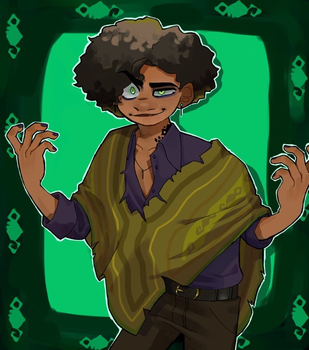 1boy, afro, brown_eyes, brown_hair, bruno_madrigal, bruno_madrigal_(cosplay), camilo_madrigal, colombian_clothes