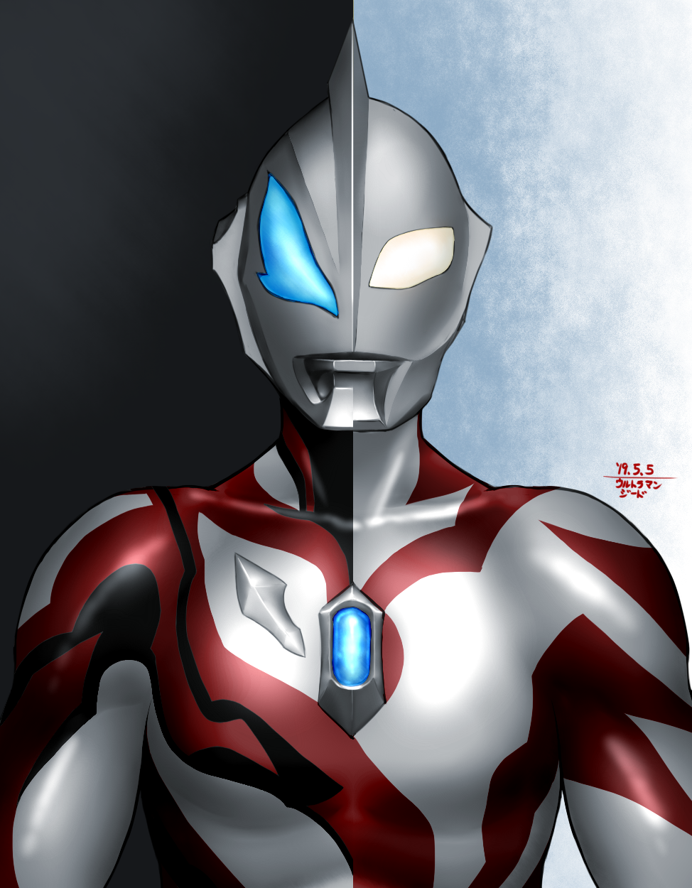 1boy, alien, before_and_after, black_background, black_skin, blue_background, blue_eyes, closed_mouth, collarbone, color_timer, colored_skin, commentary, dated, highres, looking_at_viewer, male_focus, multicolored_skin, no_pupils, red_skin, signature, silver_skin, solo, split_theme, taikyoku_tsurugi, tokusatsu, ultra_series, ultraman_geed, ultraman_geed_(series), upper_body, white_background, white_eyes