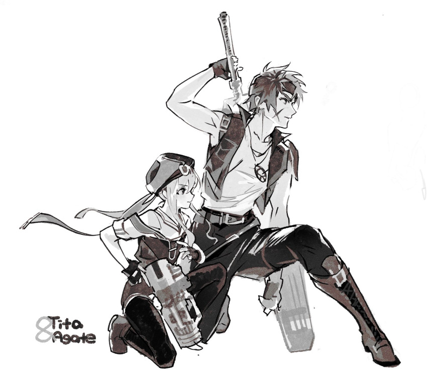 1boy, 1girl, agate_crosner, arashiko_falcom, boots, cross_scar, eiyuu_densetsu, english_text