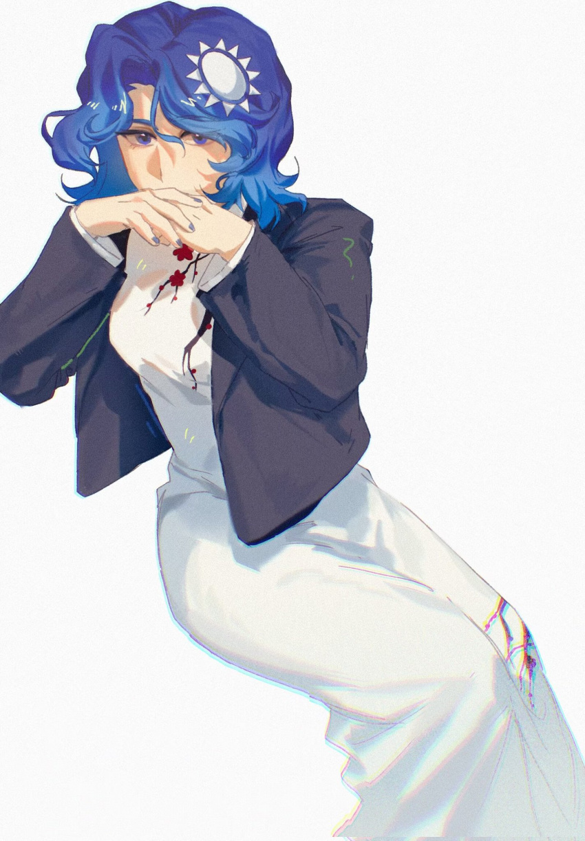 1girl, black_jacket, blue_eyes, blue_hair, breasts, china_dress, chinese_clothes, cropped_jacket, dress, highres, jacket, jacket_over_dress, kmt_(tkotu), long_dress, medium_breasts, partyhumans, personification, short_hair, siddham, simple_background, solo, sun_hair_ornament, tkotu, white_background, white_dress