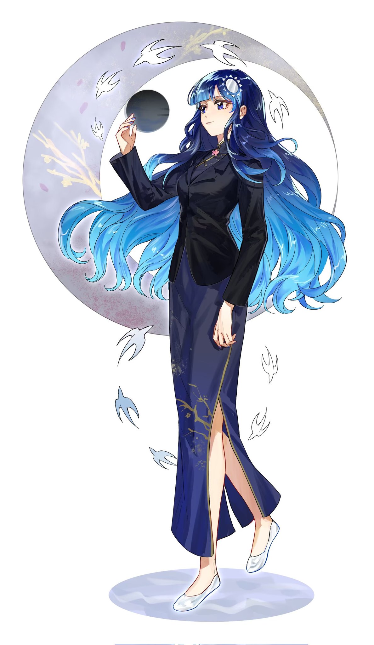 1girl, bird, black_jacket, blue_dress, blue_eyes, blue_hair, blue_nails, blunt_bangs, breasts, china_dress, chinese_clothes, closed_mouth, dress, hand_up, highres, jacket, jacket_over_dress, kmt_(tkotu), long_hair, long_sleeves, medium_breasts, nail_polish, partyhumans, personification, shoes, simple_background, smile, solo, sun_hair_ornament, tkotu, very_long_hair, walking, white_background, white_shoes