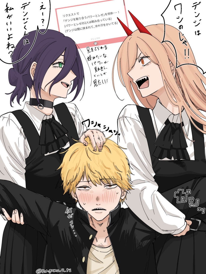 1boy, 2girls, black_choker, black_dress, blonde_hair, blush, brown_eyes, chainsaw_man