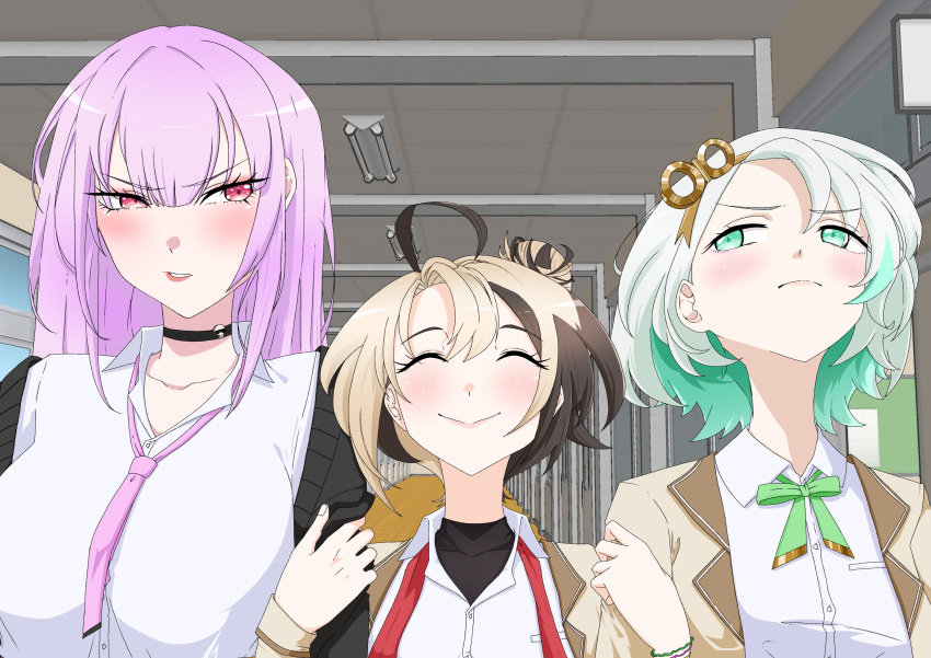 3girls, absurdres, ahoge, black_choker, blonde_hair, blush, brown_hair, cecilia_immergreen, choker, gigi_murin, green_eyes, green_hair, grey_hair, hallway, highres, holding, hololive, hololive_english, indoors, jacket, long_hair, mori_calliope, multicolored_hair, multiple_girls, pink_hair, red_eyes, school_uniform, shirt, short_hair, smile, soda_pop3423, streaked_hair, two-tone_hair, virtual_youtuber, winding_key