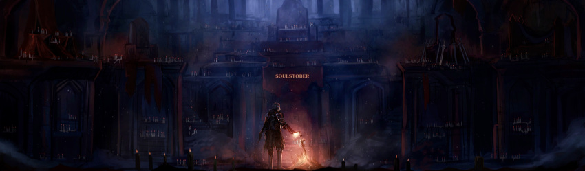 1other, absurdres, ambiguous_gender, armor, ashen_one_(dark_souls), bonfire_(dark_souls), candle, commentary