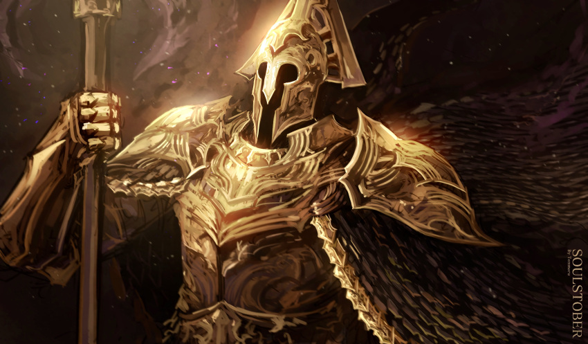 1boy, absurdres, armor, black_cape, breastplate, cape, club_(weapon), commentary