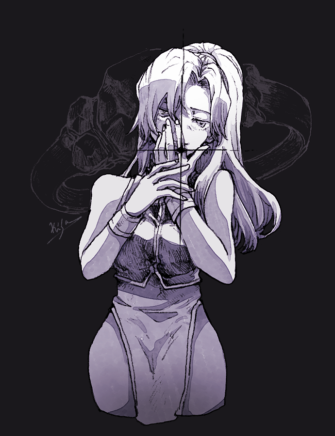 1girl, china_dress, chinese_clothes, dress, greyscale, jewelry, long_hair, looking_at_viewer, mei_ling_(saga), michibata_65, monochrome, ponytail, ring, saga, saga_frontier, smile, solo