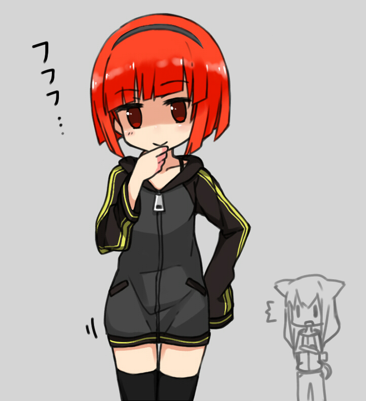 2girls, :>, ^^^, akai_ringo_(ookami-san), black_sleeves, black_thighhighs, blush, bob_cut
