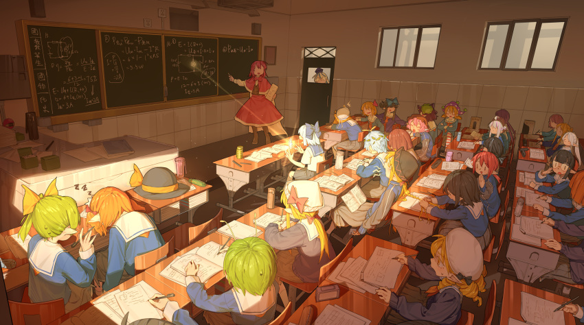 absurdres, aya_shameimaru, bocchi_the_rock!, chalkboard, chen, circuit_diagram, cirno, classroom, cup, daiyousei, electricity, eternity_larva, frieren, highres, hoshiguma_yuugi, ice_crystal, izayoi_sakuya, kagiyama_hina, kamishirasawa_keine, kirisame_marisa, komeiji_koishi, komeiji_satori, kurodani_yamame, light_bulb, lily_black, lily_white, luna_child, lunasa_prismriver, murasa_minamitsu, onozuka_komachi, peeking, physics, reflection, reiuji_utsuho, ribbon, rumia, sailor_collar, school_uniform, sleeping, sousou_no_frieren, star_sapphire, studying, sunlight, sunny_milk, touhou, window, wriggle_nightbug, writing, yakumo_ran, yakumo_yukari, yawning, yazato_ichimushi, yumemi_okazaki, zashiki-warashi