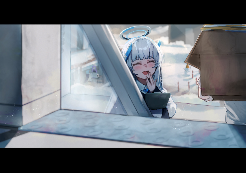 1girl, absurdres, blue_archive, blue_necktie, box, cardboard_box, closed_eyes, halo