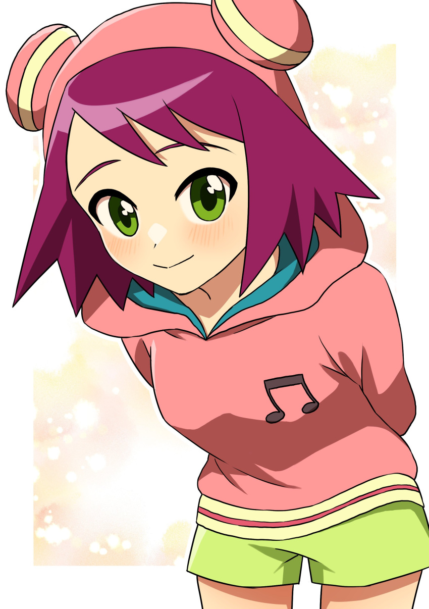 1girl, absurdres, arms_behind_back, blush, closed_mouth, green_eyes, green_shorts, highres