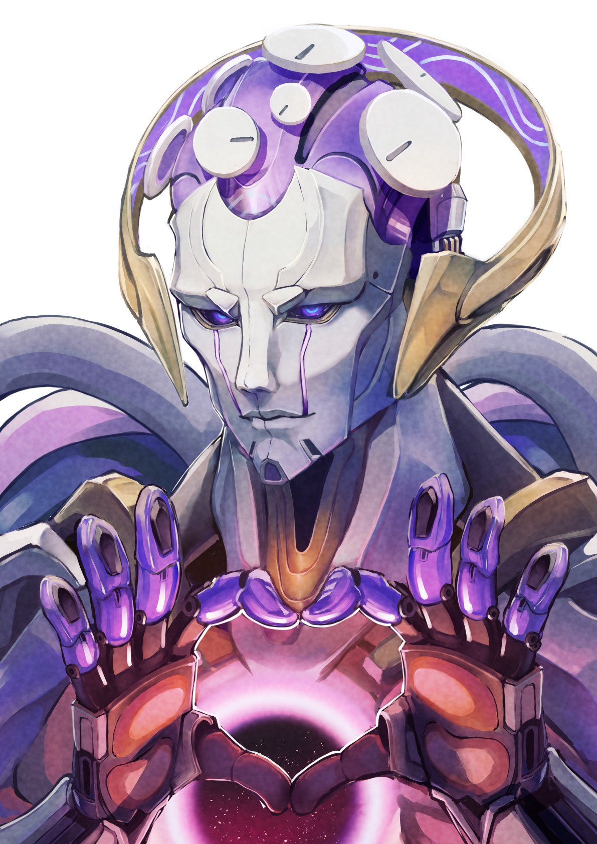 1boy, heart, heart_hands, highres, hinagi_kei, hole_in_chest, hole_on_body, honkai:_star_rail, honkai_(series), humanoid_robot, joints, looking_at_viewer, lygus_(honkai:_star_rail), male_focus, robot, robot_joints, solo, violet_eyes