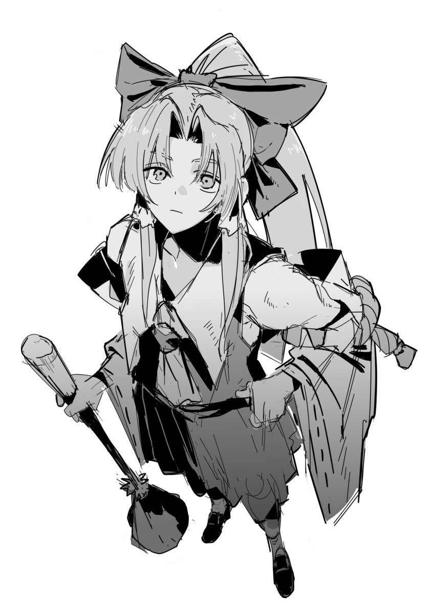 1girl, absurdres, alcohol, bow, club_(weapon), foreshortening, from_above, gourd, greyscale, hair_bow, hakurei_reimu, hakurei_reimu_(pc-98), highres, large_bow, long_hair, looking_at_viewer, looking_up, monochrome, oni, sake, simple_background, sketch, solo, standing, tougou_(goodbye_tender), touhou, touhou_(pc-98), weapon, white_background