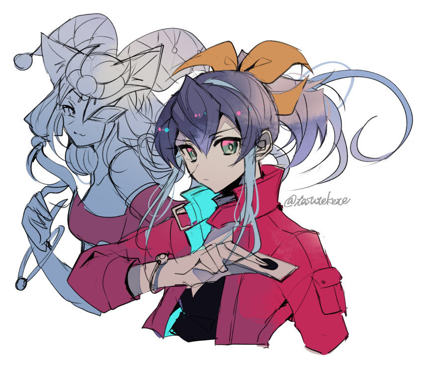 2girls, black_shirt, bow, bracelet, card, cropped_torso, duel_monster, green_eyes, hair_between_eyes, hair_bow, highres, holding, holding_card, jacket, jewelry, looking_at_viewer, lunalight_perfume_dancer, multiple_girls, open_clothes, open_jacket, orange_bow, ponytail, purple_hair, red_jacket, serena_(yu-gi-oh!), shirt, teketeke_(tasutekete), twitter_username, upper_body, white_background, yu-gi-oh!, yu-gi-oh!_arc-v