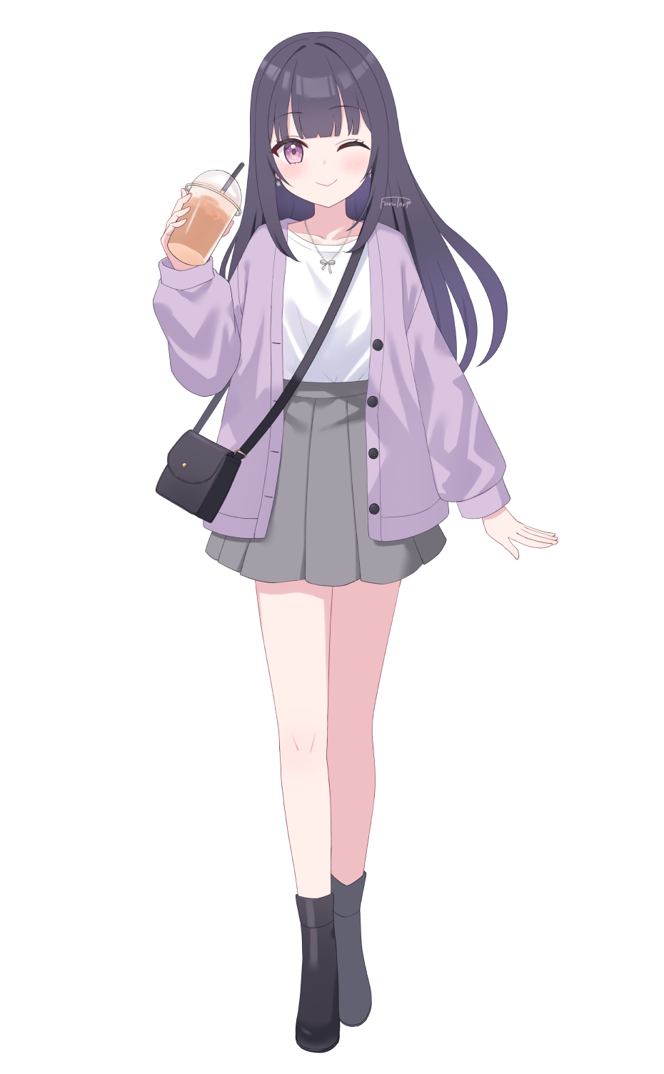 1girl, :>, artist_name, bag, black_bag, black_boots, black_hair, boots