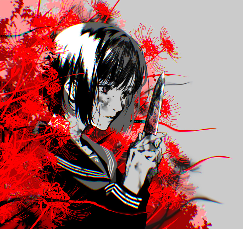 1girl, akke_(akke299), black_serafuku, cheek_injury, flower, highres, holding, holding_knife