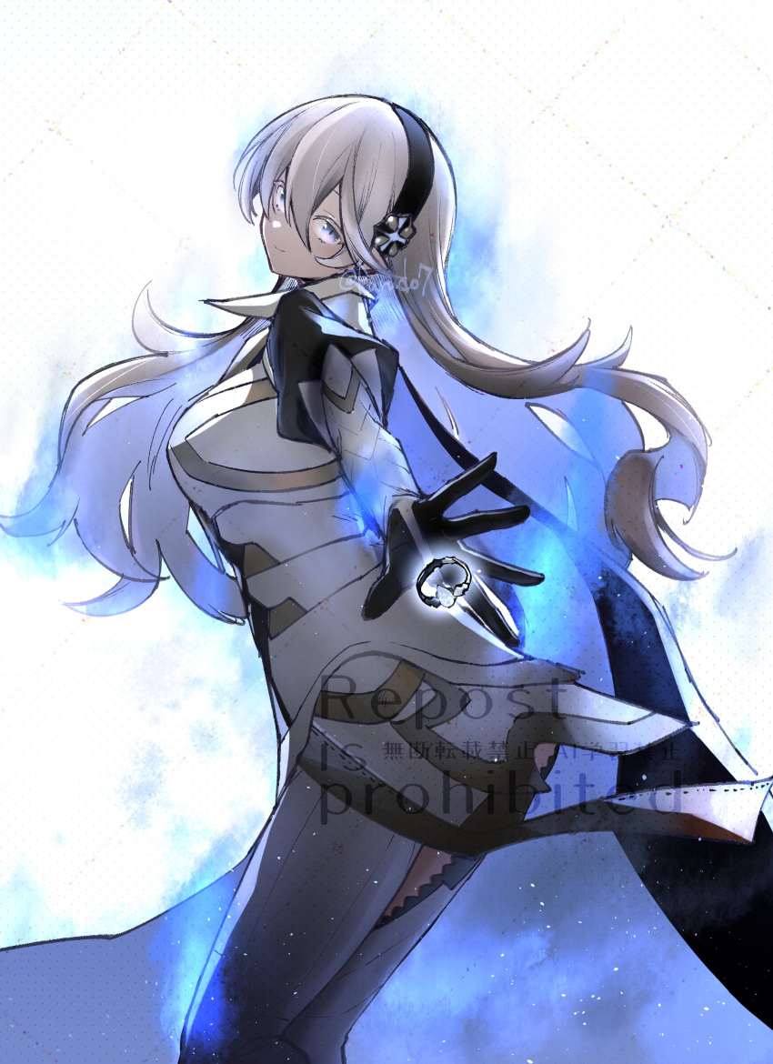 1girl, absurdres, black_hairband, blue_aura, cape, closed_mouth, emblem_ring, female_corrin_(emblem)_(fire_emblem)
