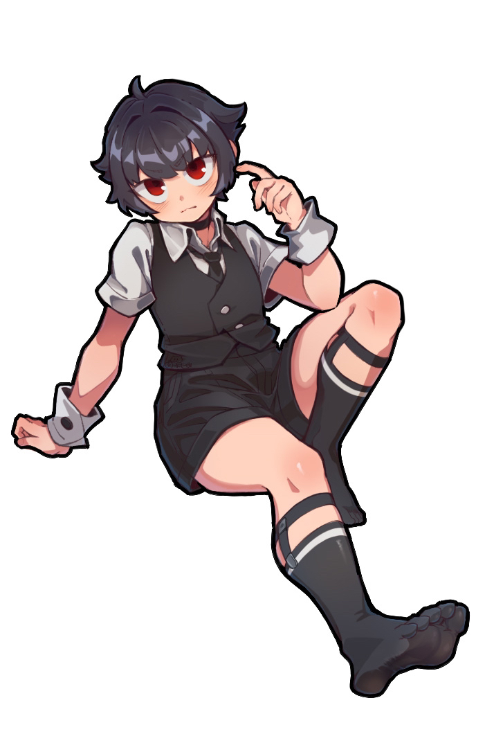 1boy, androgynous, black_hair, black_necktie, black_shorts, black_socks, black_vest, chinese_commentary