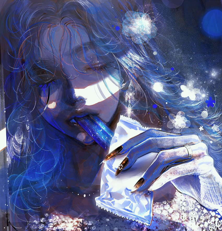 1girl, black_nails, blue_eyeshadow, blue_theme, closed_eyes, closed_mouth, death_mogi, earrings