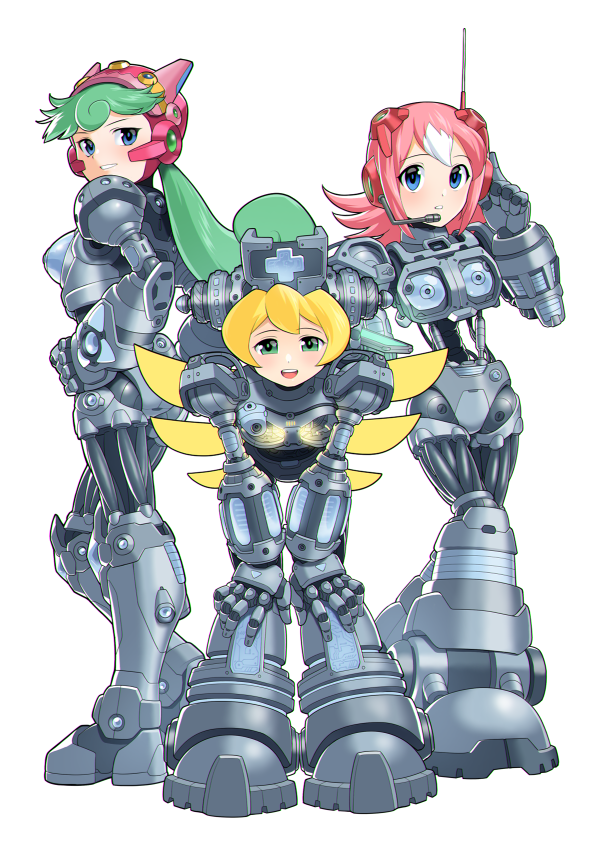 3girls, bent_over, blonde_hair, blue_eyes, blush, cinnamon_(mega_man), full_body, green_eyes