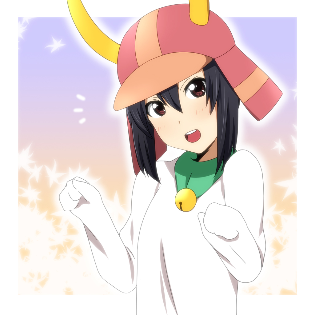 alternate_costume, alternate_hairstyle, bell, black_hair, brown_eyes, cat_pose, cosplay, hair_up