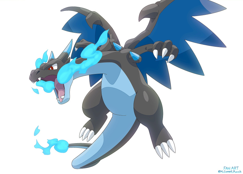 blue_fire, breath_weapon, breathing_fire, bright_pupils, charizard, claws, fangs, fire