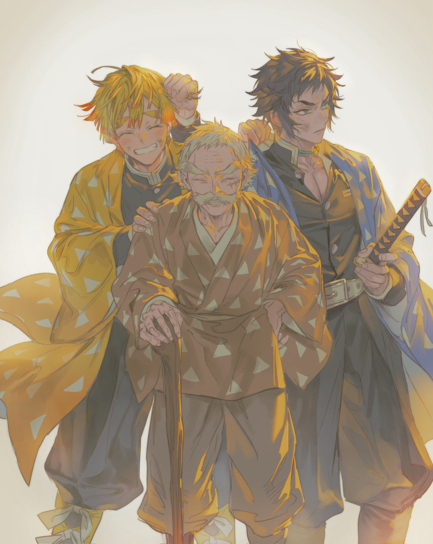 3boys, agatsuma_zenitsu, demon_slayer_uniform, donut_tabetai, haori, highres, japanese_clothes, kaigaku