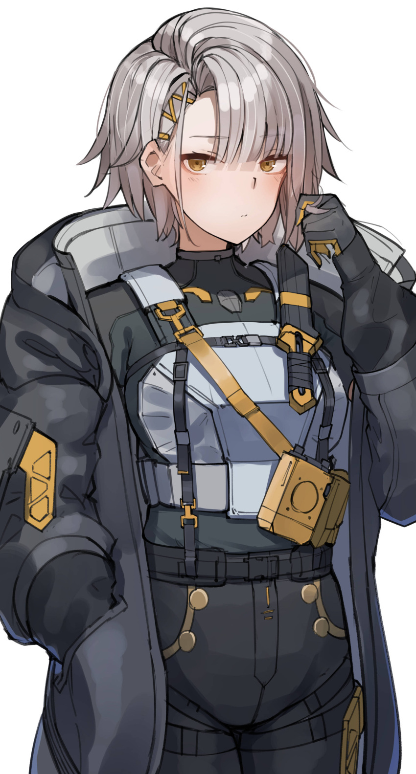 1girl, absurdres, black_gloves, black_jacket, black_pants, blush, brown_hair, closed_mouth