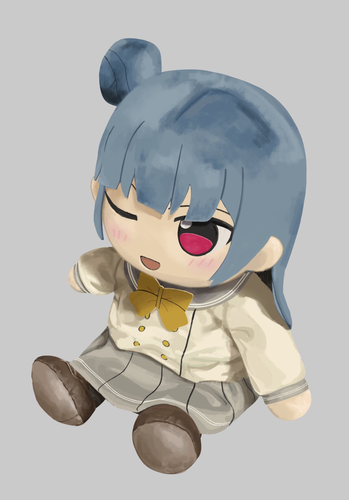 1girl, ;d, blue_hair, blush, bow, bowtie, buttons, character_doll