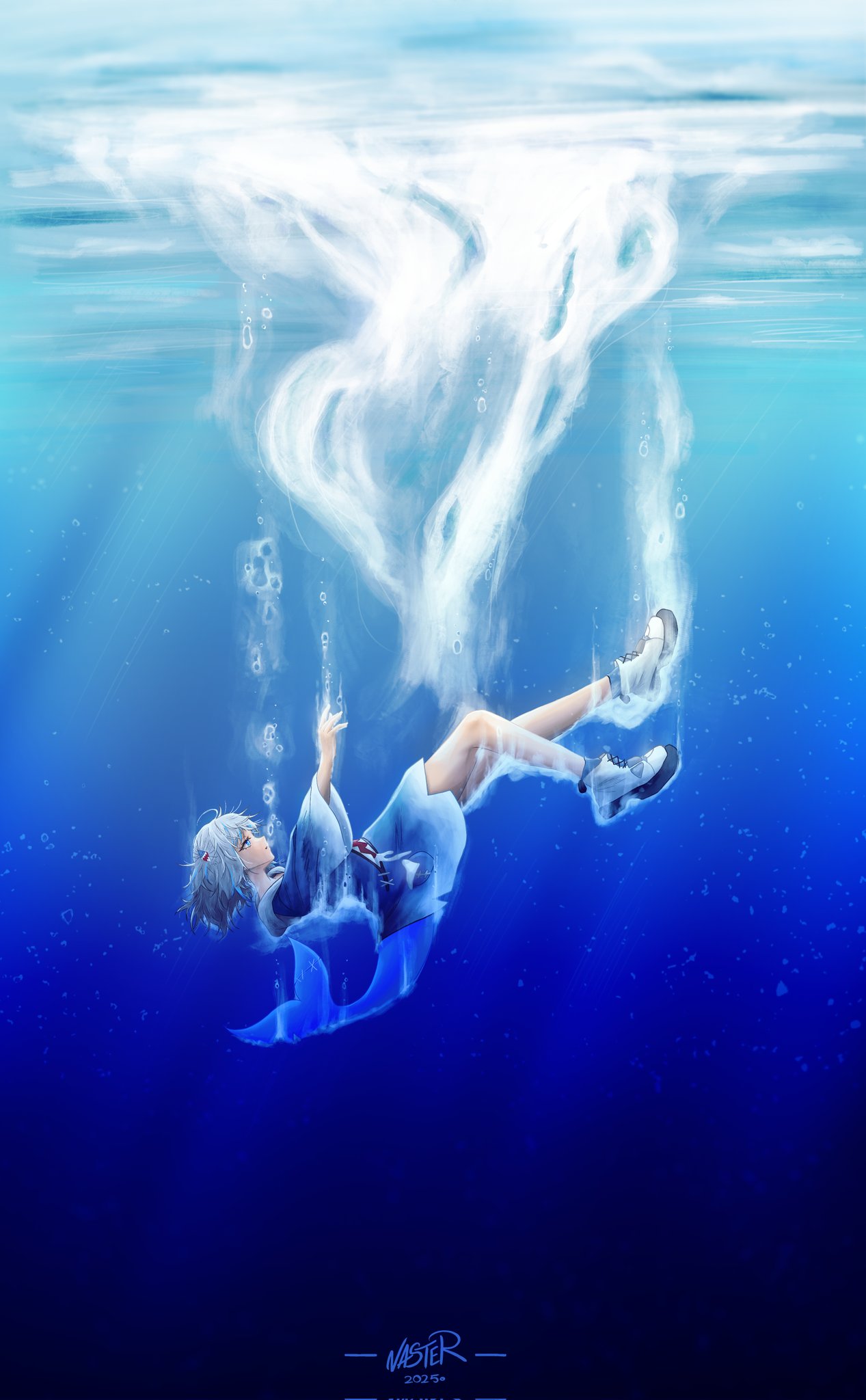 1girl, blue_eyes, blue_hair, fins, fish_tail, gawr_gura, gawr_gura_(1st_costume), hair_ornament