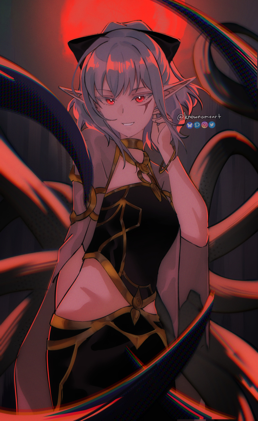 1girl, absurdres, armlet, artist_name, atou_(isekai_mokushiroku_mynoghra), black_dress, black_ribbon, black_skirt