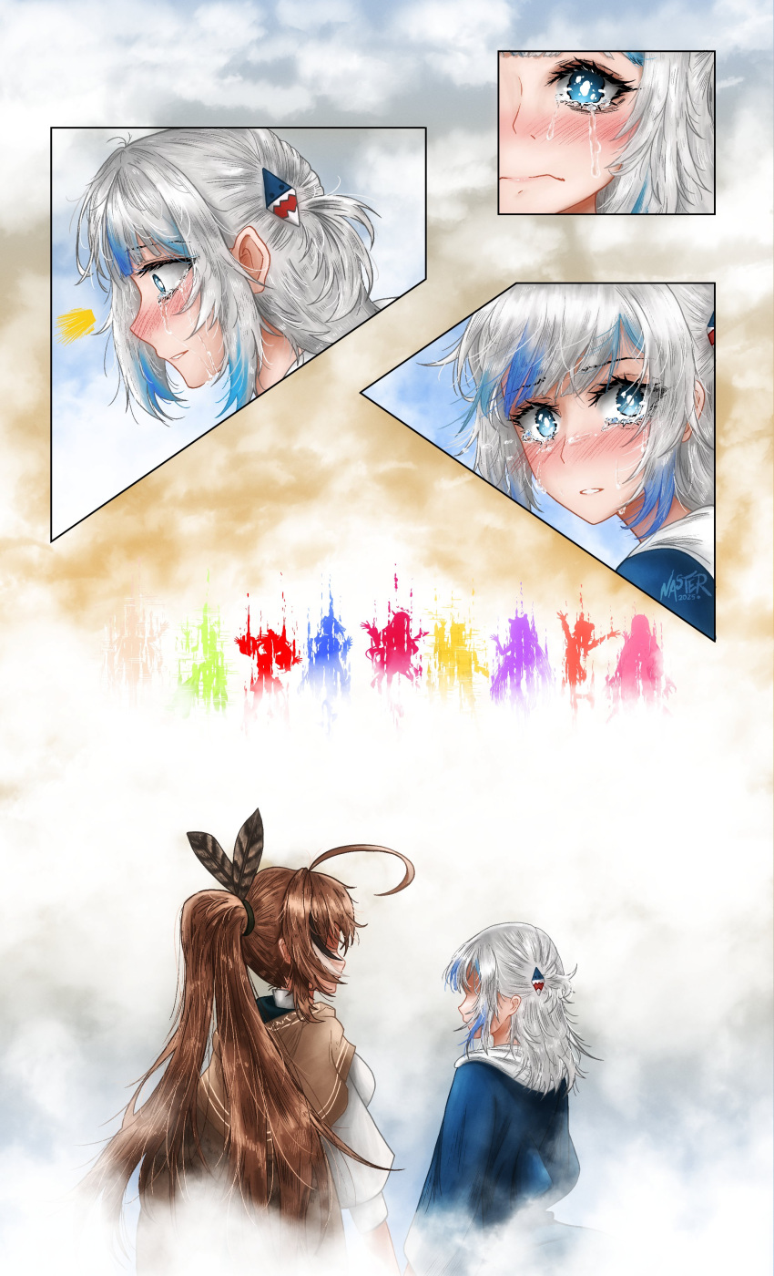 6+girls, absurdres, ahoge, blue_eyes, blue_hair, blush, brown_hair, capelet