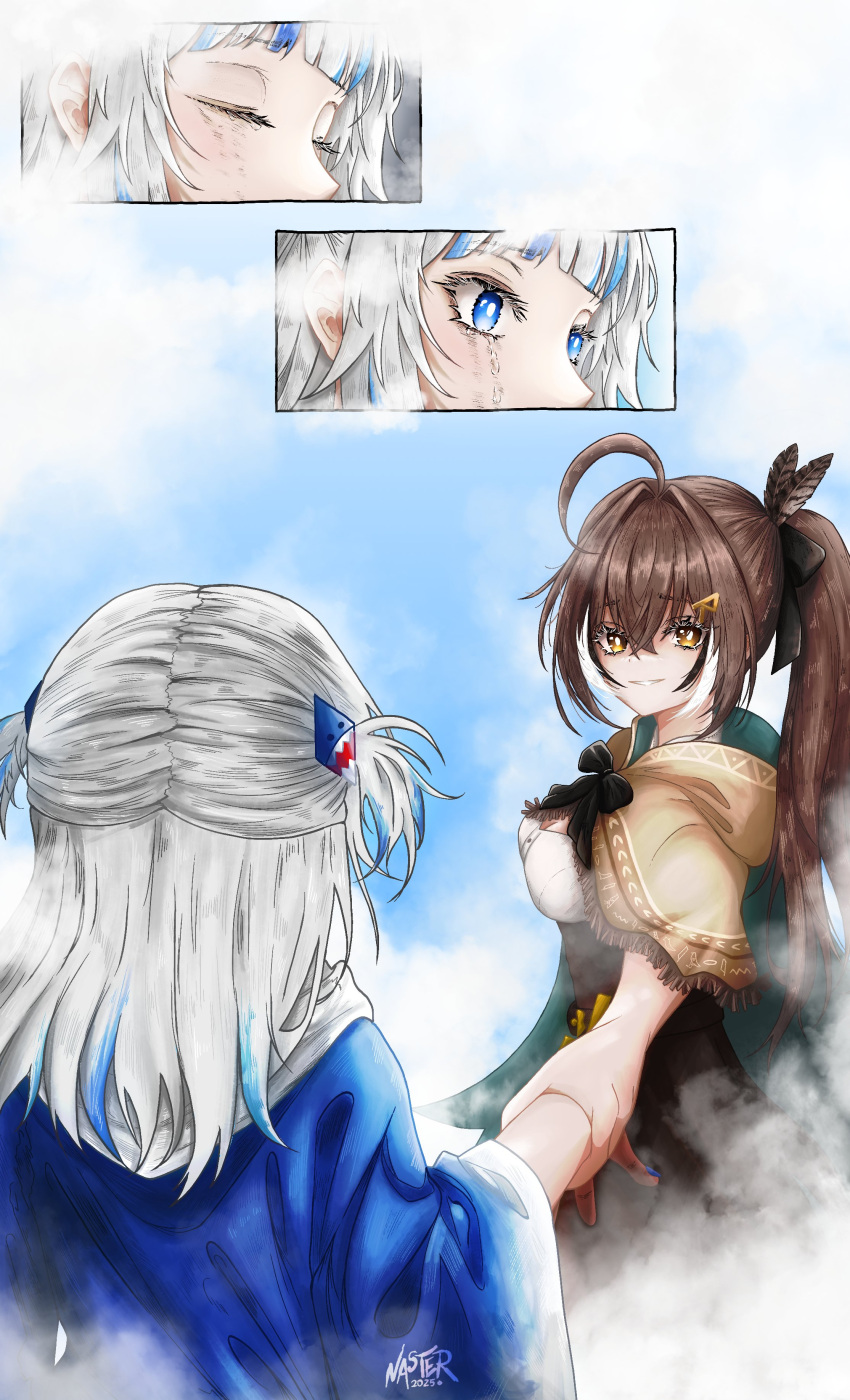2girls, absurdres, blue_eyes, blue_hair, brown_eyes, brown_hair, capelet, closed_mouth, gawr_gura, gawr_gura_(1st_costume), grey_hair, grin, hair_ornament, hairclip, highres, holding_another's_wrist, hololive, hololive_english, long_hair, multicolored_hair, multiple_girls, nanashi_mumei, nanashi_mumei_(1st_costume), nasterro, ponytail, shark_hair_ornament, smile, streaked_hair, tears, virtual_youtuber