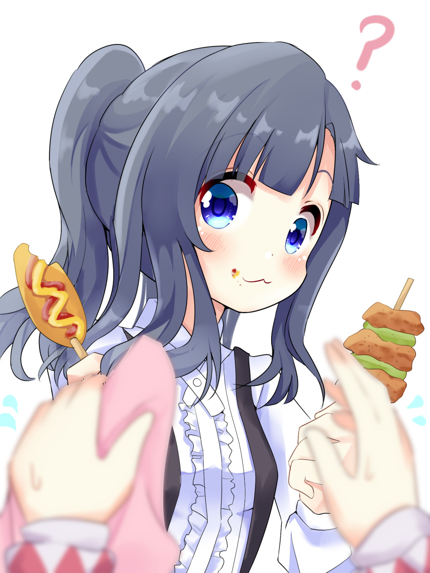 2girls, :3, ?, aunt_and_niece, benamonti, black_hair, black_suspenders, blue_eyes