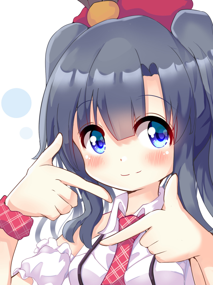 1girl, bare_shoulders, benamonti, beret, black_hair, blue_eyes, blush, breasts