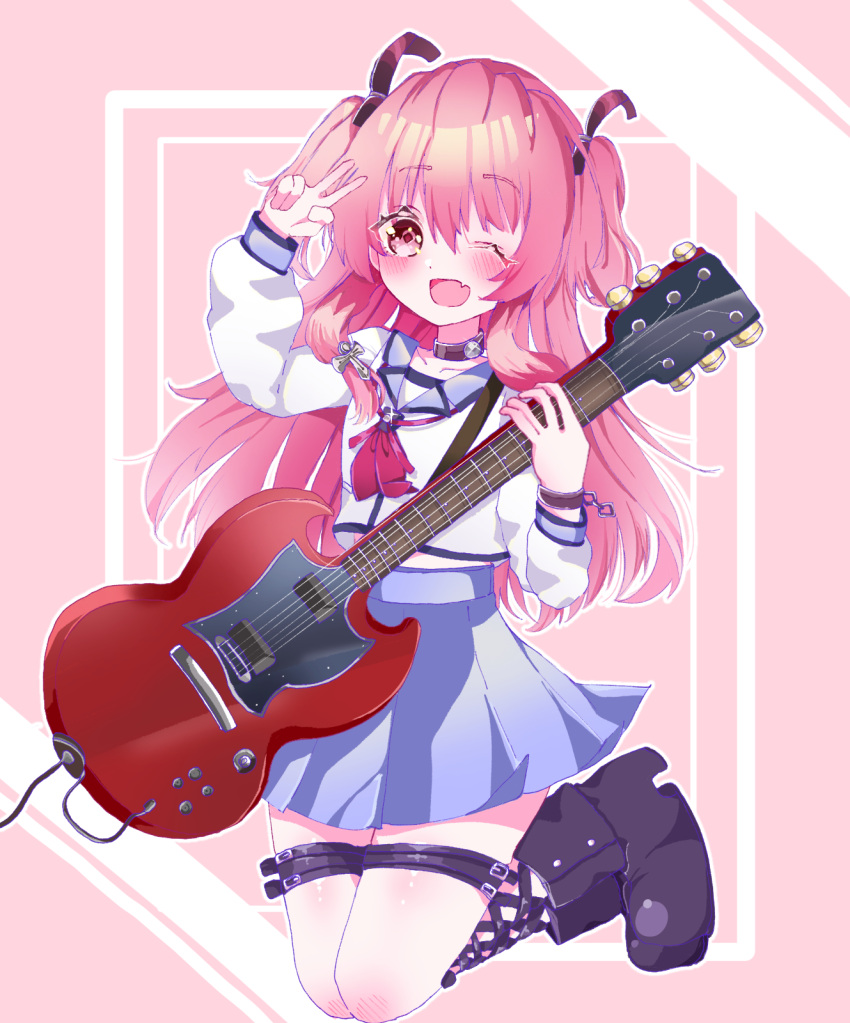 1girl, angel_beats!, black_boots, blue_skirt, boots, brown_collar, collar, commentary_request, cross_hair_ornament, electric_guitar, fang, gibson_sg, guitar, hair_ornament, hair_ribbon, hamaguri_mafuyu, highres, holding, holding_guitar, holding_instrument, instrument, leg_belt, long_hair, looking_at_viewer, one_eye_closed, open_mouth, outline, pink_background, pink_hair, pink_ribbon, pleated_skirt, red_eyes, ribbon, shinda_sekai_sensen_uniform, skin_fang, skirt, solo, two_side_up, v, white_outline, yui_(angel_beats!)