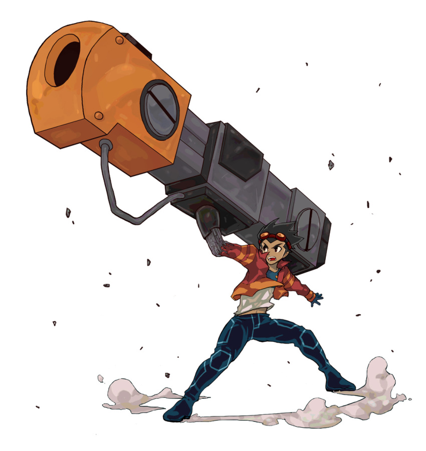 1boy, arm_cannon, black_gloves, black_hair, black_pants, blue_pants, brown_eyes, dust