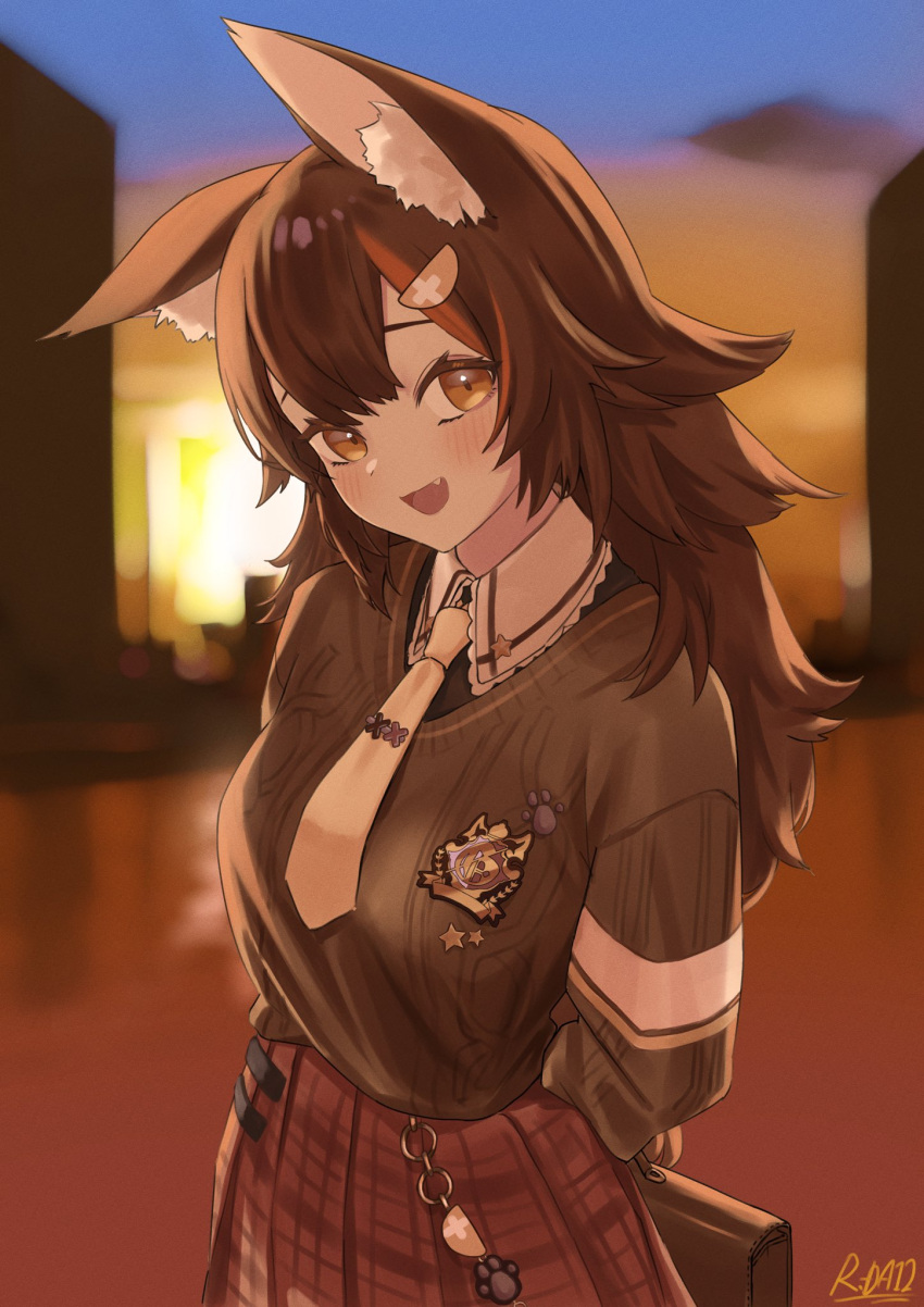 1girl, :d, animal_ear_fluff, animal_ears, arms_behind_back, bag, black_hair, black_shirt, blue_sky, blurry, blurry_background, bokeh, breasts, briefcase, brown_bag, brown_sweater, cable_knit, charm_(object), collar, collared_shirt, commentary_request, contrast_collar, depth_of_field, double-parted_bangs, droopy_ears, dusk, emblem, fang, film_grain, fluffy_hair, frilled_collar, frills, hair_ornament, hairclip, head_tilt, highres, holding, holding_bag, hololive, knit_sweater, leaning_forward, long_hair, long_sleeves, looking_at_viewer, medium_breasts, multicolored_hair, nattoushouyu3, necktie, ookami_mio, ookami_mio_(10th_costume), open_mouth, paw_print, plaid_clothes, plaid_skirt, pleated_skirt, red_skirt, red_streaks, school_bag, school_briefcase, school_emblem, shirt, short_necktie, signature, skirt, sky, smile, solo, sun, sunset, sweater, sweater_tucked_in, tie_clip, two-tone_hair, upper_body, v-neck, virtual_youtuber, warm_colored, white_collar, white_necktie, wing_collar, wolf_ears, wolf_girl, yellow_eyes, yellow_sky