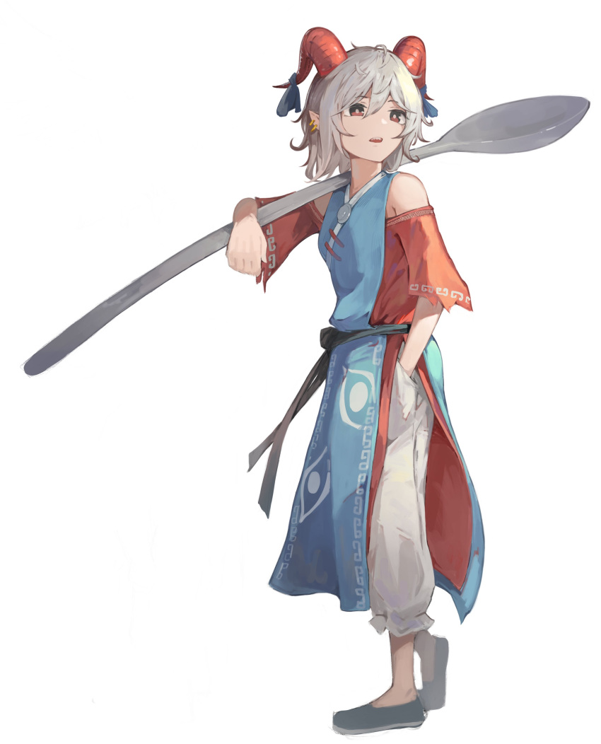 absurdres, grey_hair, hair_ornament, highres, horns, pants, red_eyes, sash