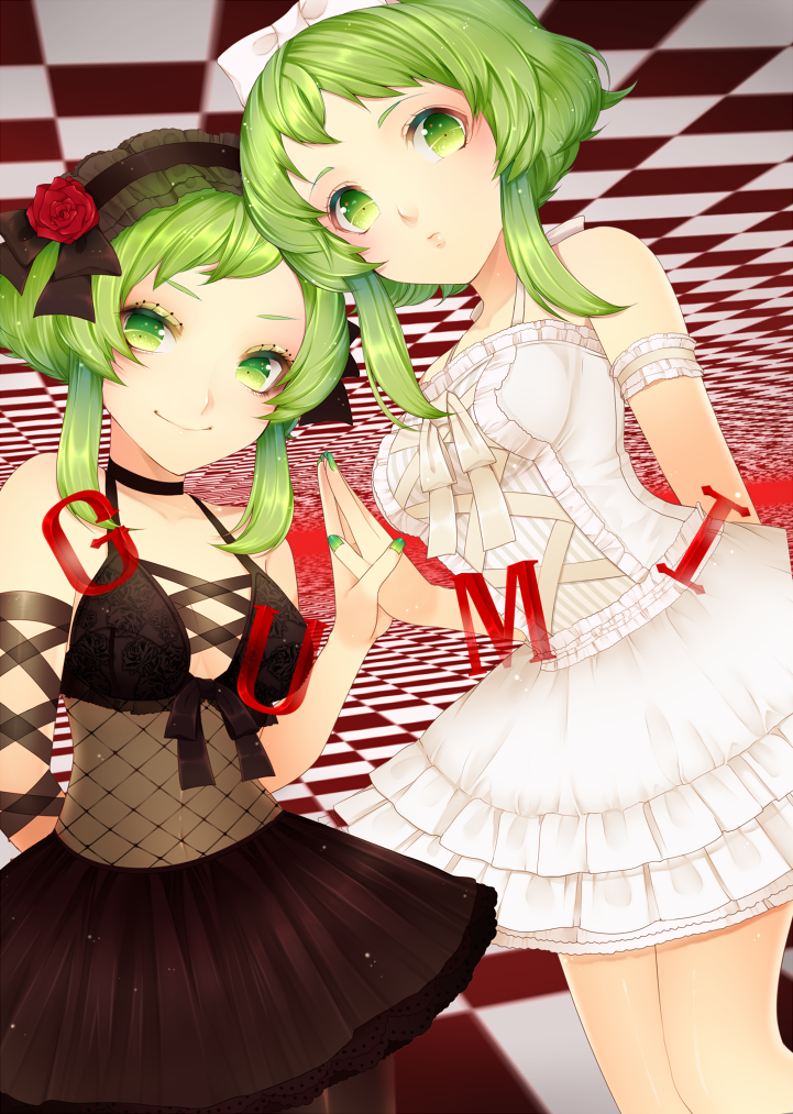 bad_id, bare_shoulders, bow, breasts, choker, cleavage, dress, dual_persona