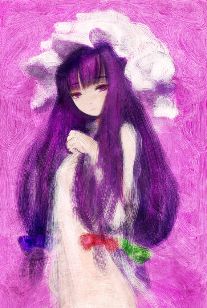 amii, hair_ribbon, hat, long_hair, patchouli_knowledge, purple_eyes, purple_hair, ribbon