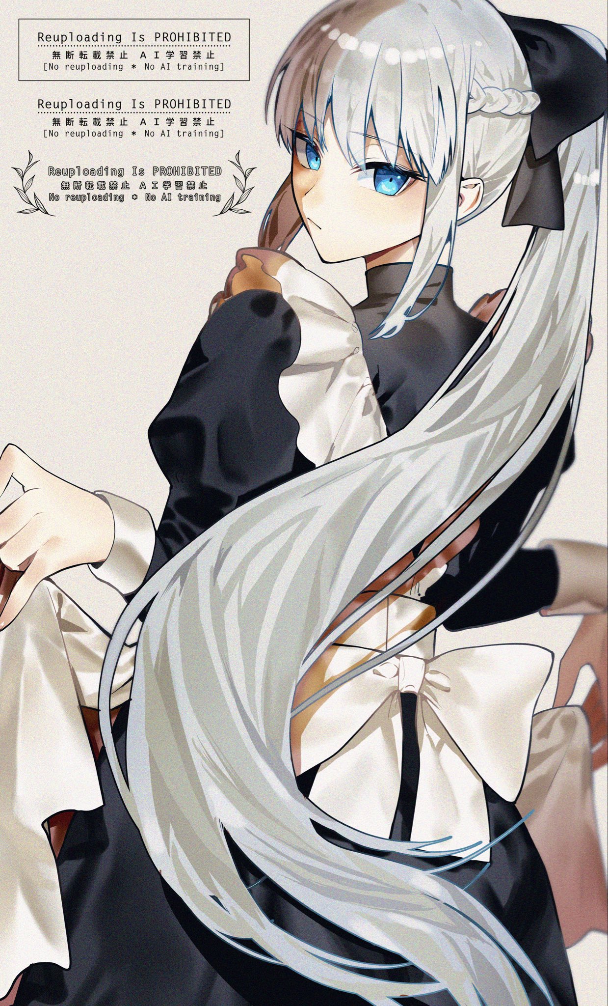 blue_eyes, grey_hair, highres, holding_dress, kabosoi_mangaka, long_hair, looking_back, maid