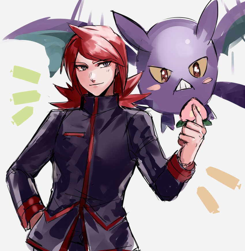 1boy, absurdres, berry_(pokemon), black_jacket, blush, crobat, food, highres, holding, holding_food, jacket, kashmimo, nose_blush, pecha_berry, pokemon, pokemon_(creature), pokemon_hgss, red_hair, silver_(pokemon), white_background