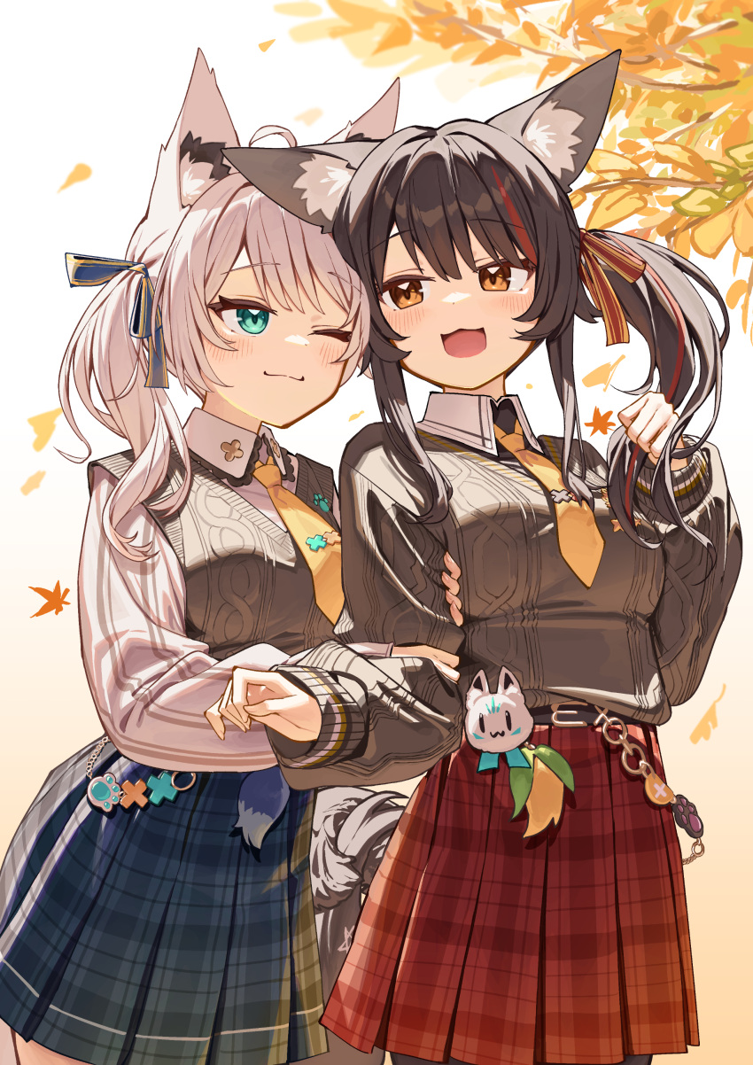:3, :d, ;3, absurdres, ahoge, animal_ear_piercing, animal_ears, aqua_eyes, aran_sweater, autumn_leaves, belt, black_belt, black_hair, blue_ribbon, blue_skirt, brown_sweater, brown_vest, cable_knit, closed_mouth, collared_shirt, commentary_request, deaver, extra_ears, falling_leaves, fox_ears, fox_girl, grabbing_another's_arm, hair_ribbon, hand_up, highres, hololive, leaf, long_hair, long_sleeves, looking_at_another, multicolored_hair, necktie, official_alternate_costume, one_eye_closed, ookami_mio, ookami_mio_(10th_costume), open_mouth, outdoors, plaid_clothes, plaid_skirt, puffy_long_sleeves, puffy_sleeves, red_hair, red_ribbon, red_skirt, ribbon, shirakami_fubuki, shirakami_fubuki_(11th_costume), shirt, short_necktie, side_ponytail, sidelocks, skirt, smile, streaked_hair, striped_clothes, striped_shirt, sukonbu_(shirakami_fubuki), sweater, sweater_tucked_in, sweater_vest, swept_bangs, tail, v-neck, vertical-striped_clothes, vertical-striped_shirt, vest, virtual_youtuber, white_hair, white_shirt, wolf_ears, wolf_girl, wolf_tail, yellow_eyes, yellow_necktie, yuri