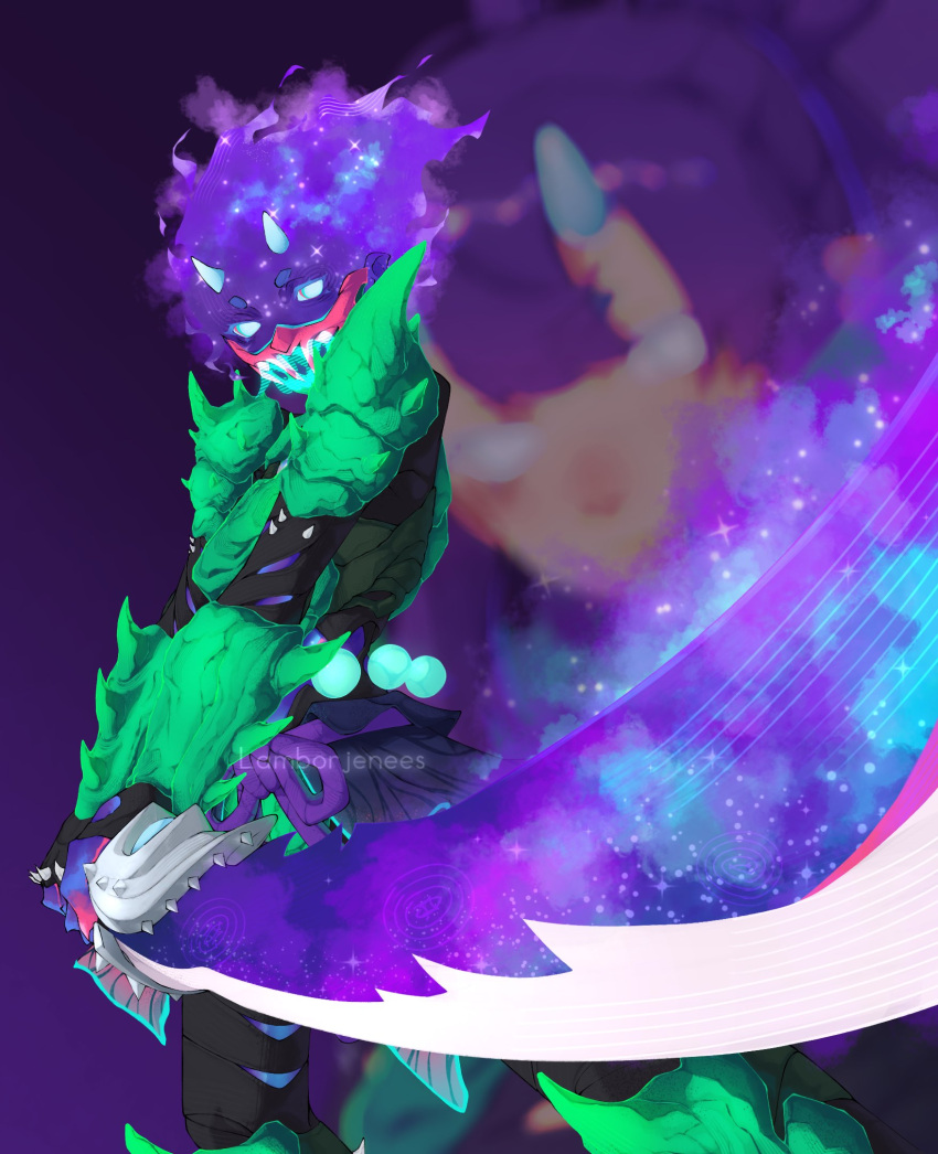 1girl, alt_text, armor, artist_name, belt, blue_eyes, blue_horns, blurry, blurry_background, commentary, cone_horns, cowboy_shot, english_commentary, fortnite, gradient_background, greaves, highres, holding, holding_sword, holding_weapon, horns, lamborjenees, mask, mouth_mask, mystica_(fortnite), oni_mask, purple_background, purple_belt, purple_hair, rope_belt, shoulder_pads, shoulder_spikes, spikes, standing, starry_skin, sword, vambraces, watermark, weapon