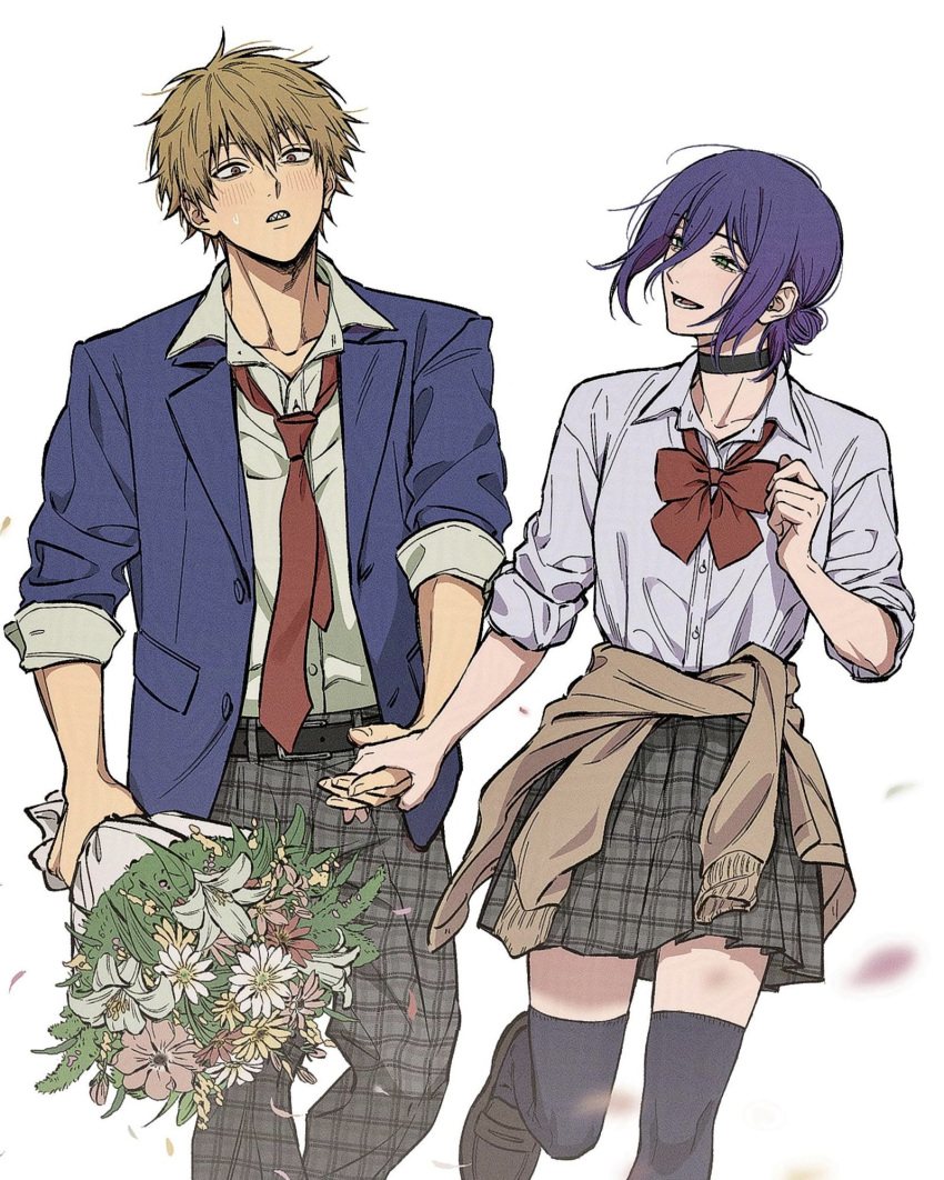 1boy, 1girl, black_choker, blonde_hair, chainsaw_man, choker, denji_(chainsaw_man), green_eyes