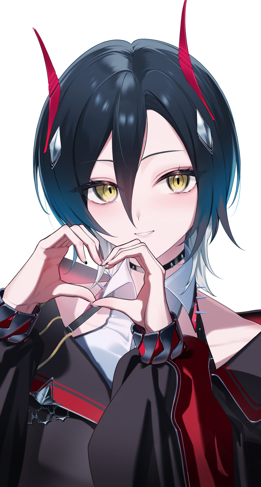 1girl, absurdres, aqua_hair, azur_lane, black_choker, black_coat, black_hair, breasts, choker, coat, collarbone, commentary_request, detached_collar, grin, hair_between_eyes, hands_up, heart, heart_hands, highres, horns, long_sleeves, looking_at_viewer, mechanical_horns, medium_breasts, multicolored_hair, parted_lips, portrait, red_horns, rubisco, short_hair, sidelocks, simple_background, slit_pupils, smile, solo, ulrich_von_hutten_(azur_lane), white_background, white_hair, yellow_eyes