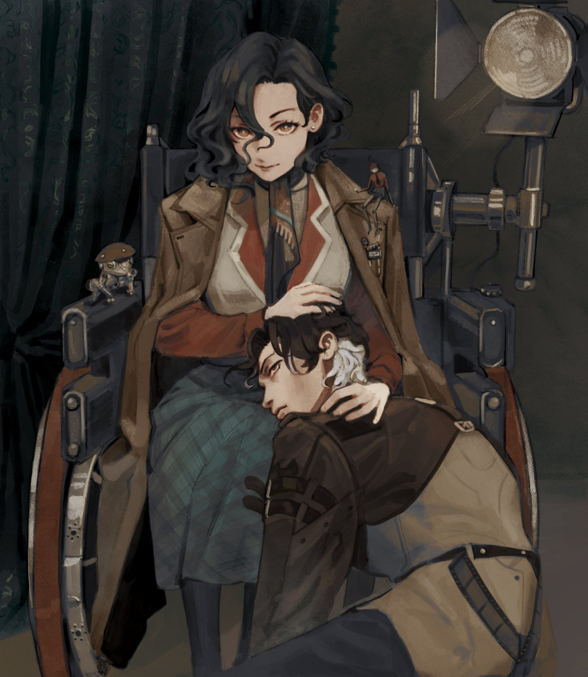 1boy, 1girl, black_hair, black_pantyhose, black_skirt, brown_coat, brown_hair, brown_jacket